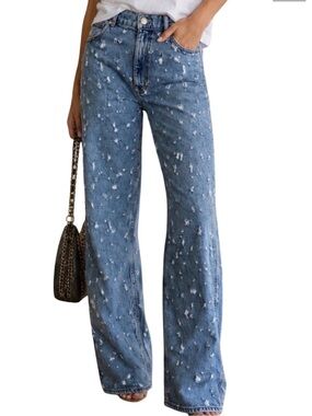 SANDRO Ruthy Distressed High Rise Wide Leg Jeans Light Wash Size 40